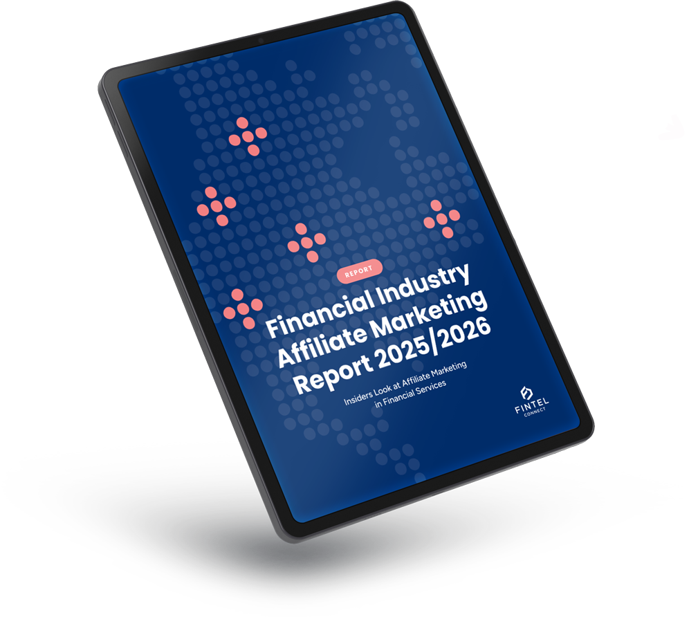Ipad with the cover of the 2025/2026 Financial Industry Affiliate Marketing Report